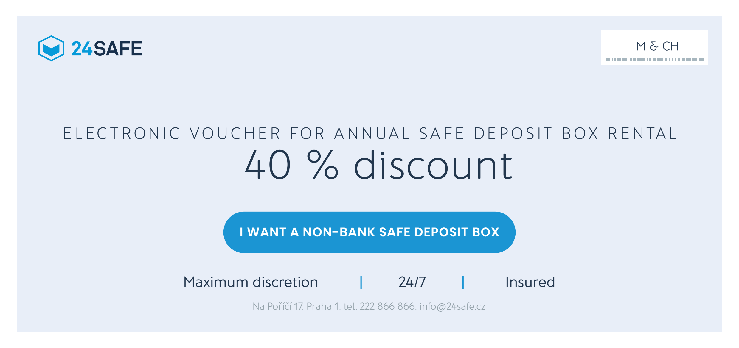 24SAFE and Macho & Chlapovič electronic voucher for 40% off an annual safe deposit box rental