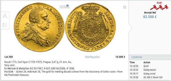 The ducat of Karel Egon Fürstenberg was sold for 99 000 €