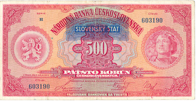 500 Koruna 1929/1939 H (overprint) - front