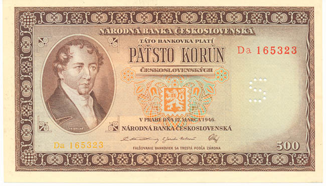 500 Kčs 1946 Da (perforated) - front