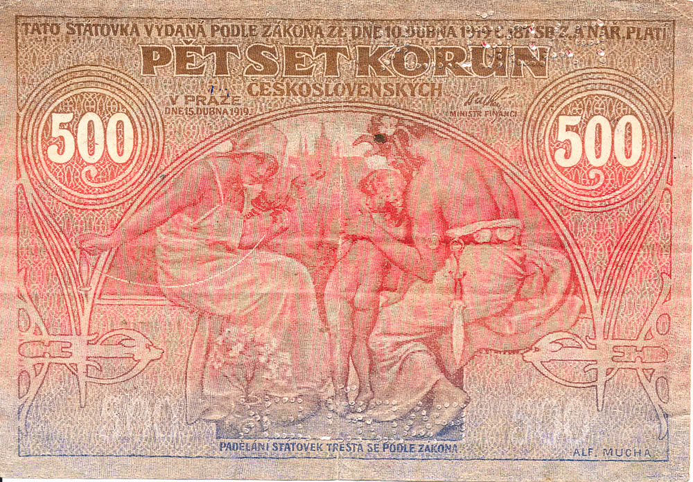 500 Kč 1919 (dobový padělek Mészáros) - revers