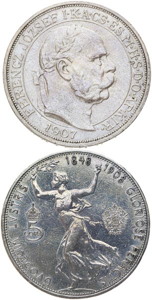 5 Corona 1907 KB, 1908 (2 pcs) - front
