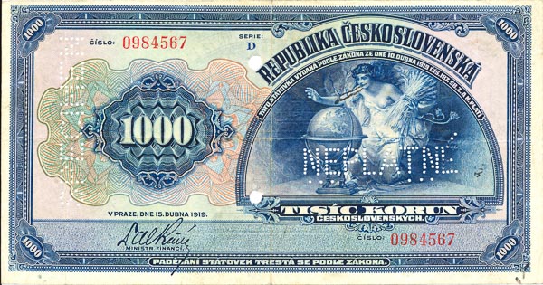 1000 Koruna 1919 (bank specimen) - front