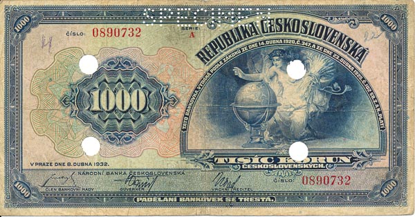 1000 Koruna 1932 A (perforated) - front