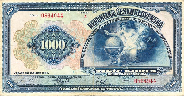 1000 Koruna 1932 A (perforated) - front