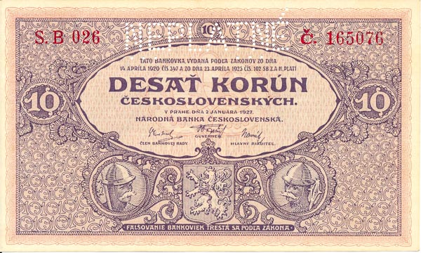 10 Koruna 1927 s. B 026 (perforated) - front