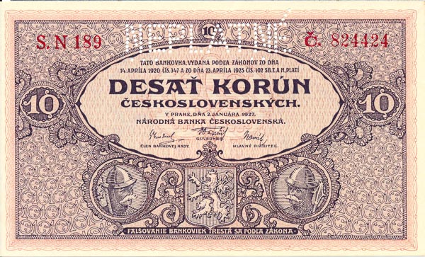 10 Koruna 1927 N 189 (perforated) - front