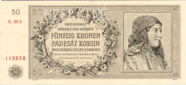 50 Koruna 1944 s. 38 A (perforated) - front