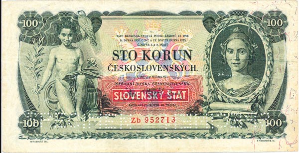 100 Koruna 1931/1939 Zb (perforated) - front