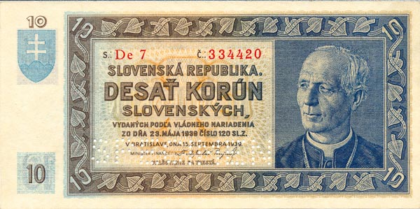 10 Koruna 1939 De 7 (perforated) - front