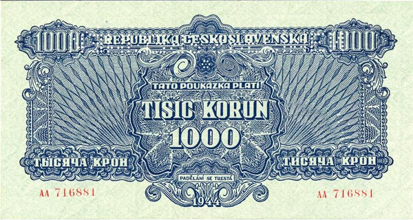 1000 Koruna 1944 AA (perforated) - front