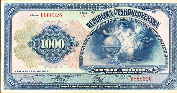 1000 Koruna 1932 A (perforated) - front