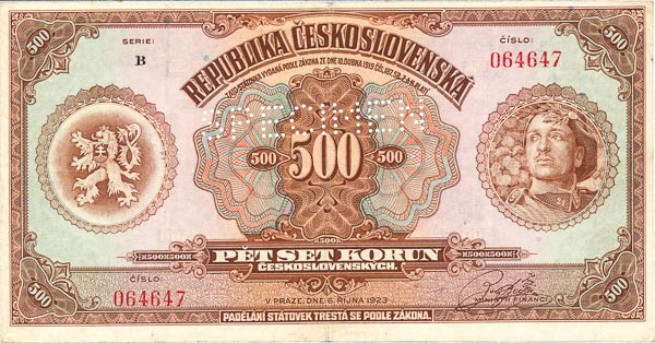 500 Koruna 1923 B (perforated) - front