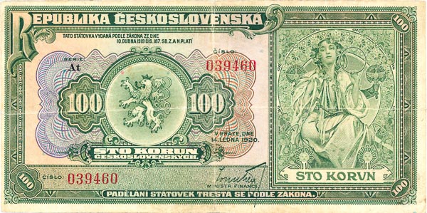 100 Kč 1920 At - avers