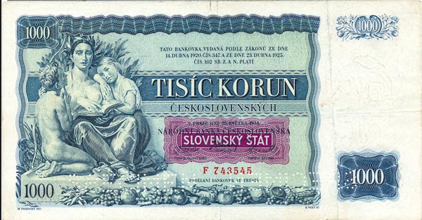 1000 Koruna 1934/1939 F (perforated) - front