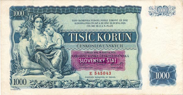 1000 Koruna 1934/1939 E - front