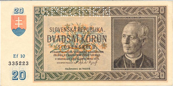 20 Koruna 1939 Ef 10 (perforated) - front