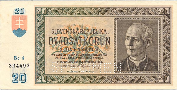 20 Koruna 1939 Bc 4 (perforated) - front