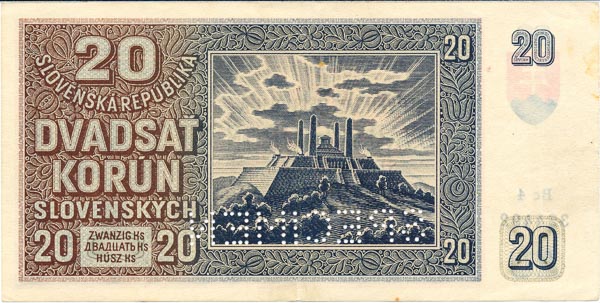 20 Koruna 1939 Bc 4 (perforated) - back
