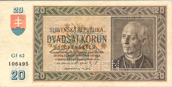 20 Koruna 1939 Gf 62 (perforated) - front