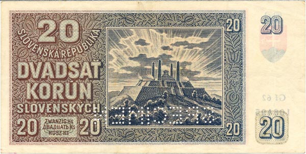 20 Koruna 1939 Gf 62 (perforated) - back
