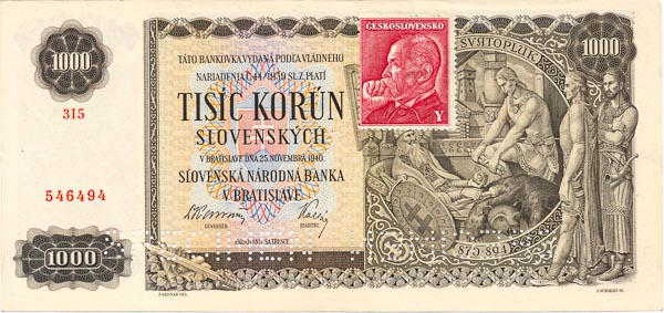 1000 Koruna 1940/1945 3I5 (perforated) - front