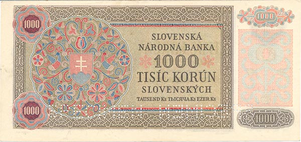 1000 Koruna 1940/1945 3I5 (perforated) - back
