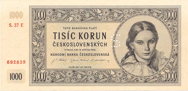 1000 Koruna 1945 s. 27 E (perforated) - front
