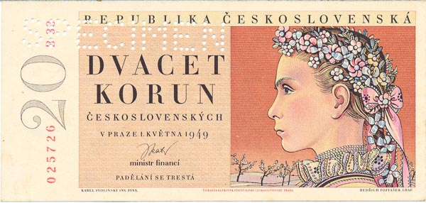 20 Koruna 1949 B 33 (bank specimen) - front