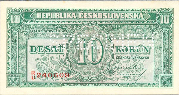 10 Koruna (1945) RU (bank specimen) - front