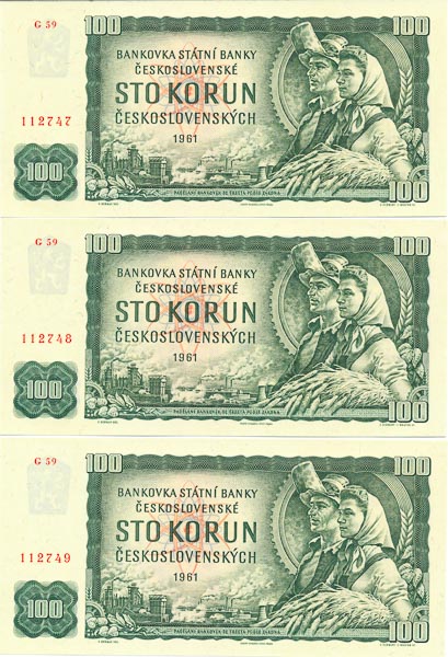 100 Koruna 1961 G 59 (consecutive serial numbers 6 pcs) - front