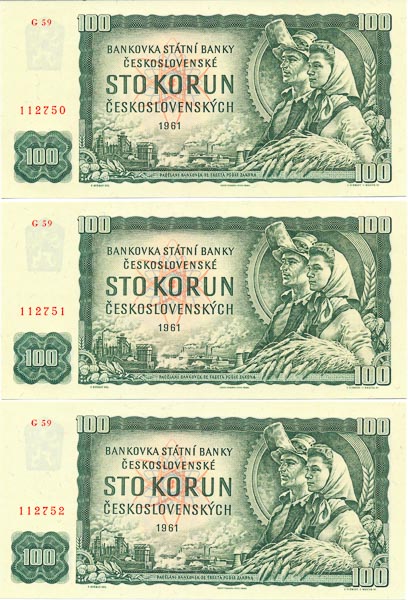 100 Koruna 1961 G 59 (consecutive serial numbers 6 pcs) - back