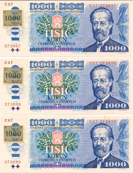 1000 Koruna 1985/1993 C 67 (consecutive serial numbers 3 pcs) - front