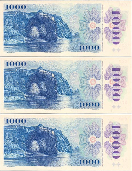 1000 Koruna 1985/1993 C 67 (consecutive serial numbers 3 pcs) - back