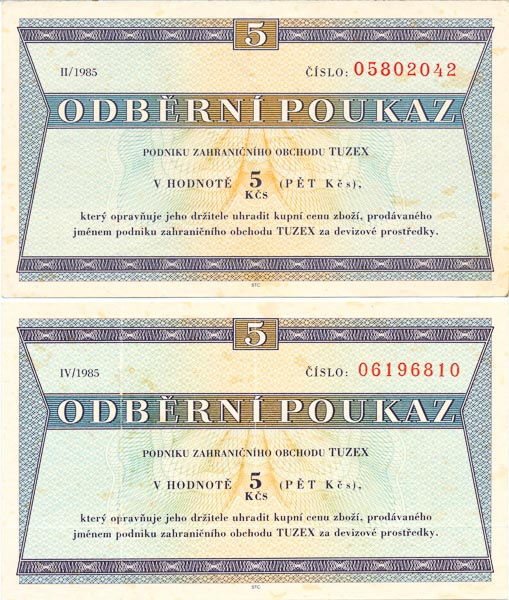 5 TKčs 1985 Odběrní poukaz Tuzex (2 ks) - avers
