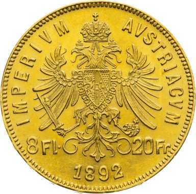 Investičné zlato 8 Gulden ( 8 Zlatník ) František Jozef I. 1892 - Novorazba - averz