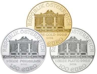 Investment Gold, Silver, Platinum Philharmoniker - 3 x 1 once - back