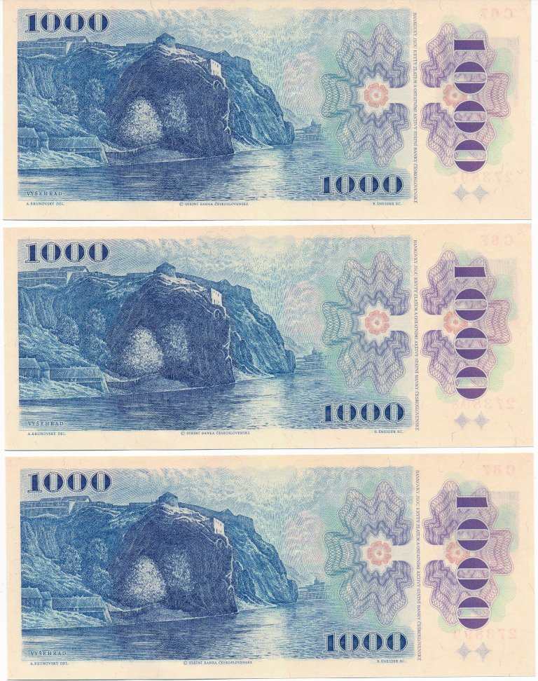 1000 Kč/Kčs 1986 C67 sticked stamp (consecutive 3pcs)