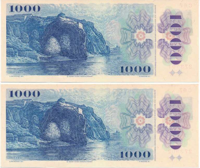 1000 Kč/Kčs 1986 C67 sticked stamp (consecutive 2pcs)