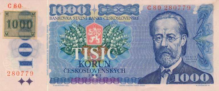 1000 Kč/Kčs 1985 C 80 glued stamp