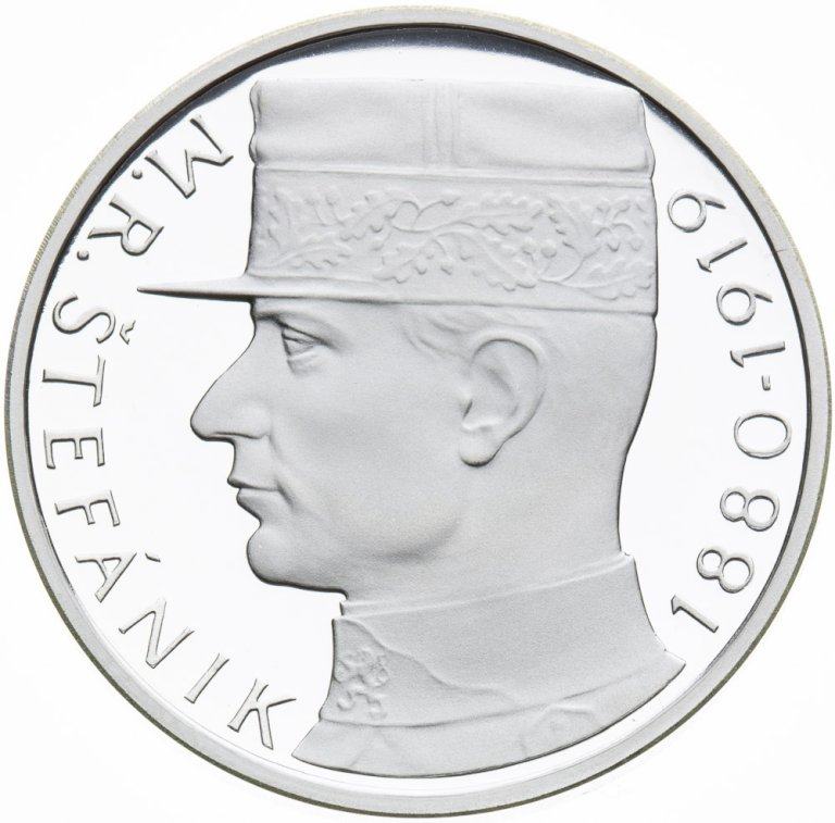 10 Kčs 1991 stříbrná replika mince s motívem M. R. Štefánik