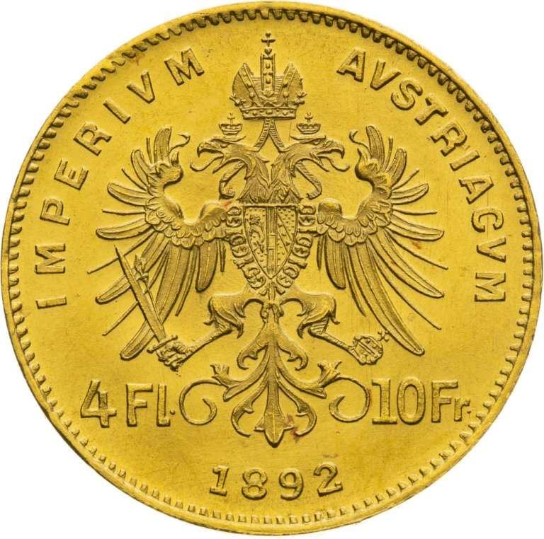 Gold coin 4 Gulden Francis Joseph I 1892 - Restrike - front