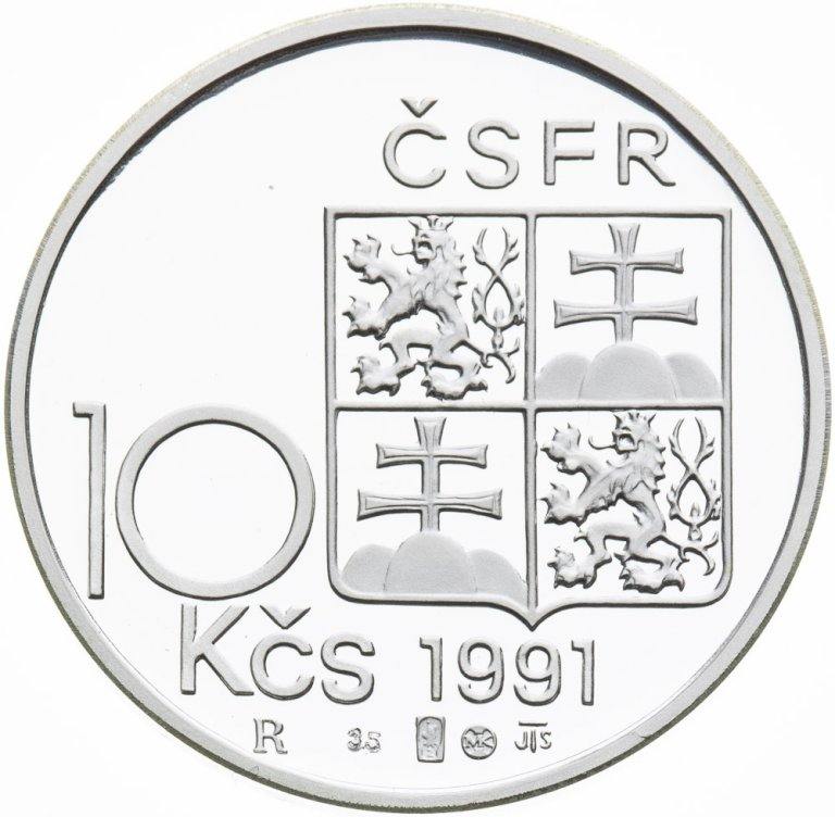 10 Kčs 1991 stříbrná replika mince s motívem M. R. Štefánik
