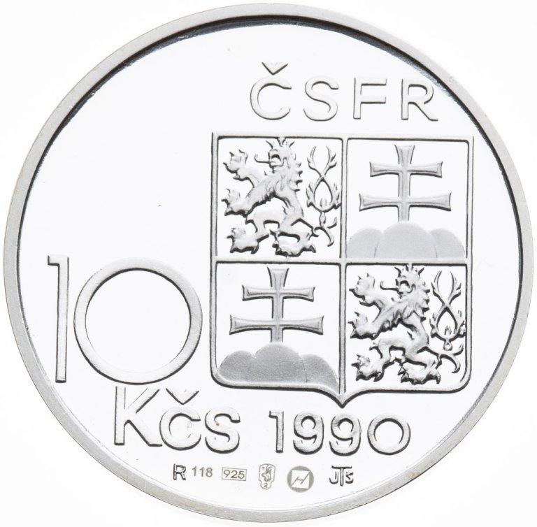 10 Kčs 1990 strieborná replika mince s motívom T.G.Masaryk